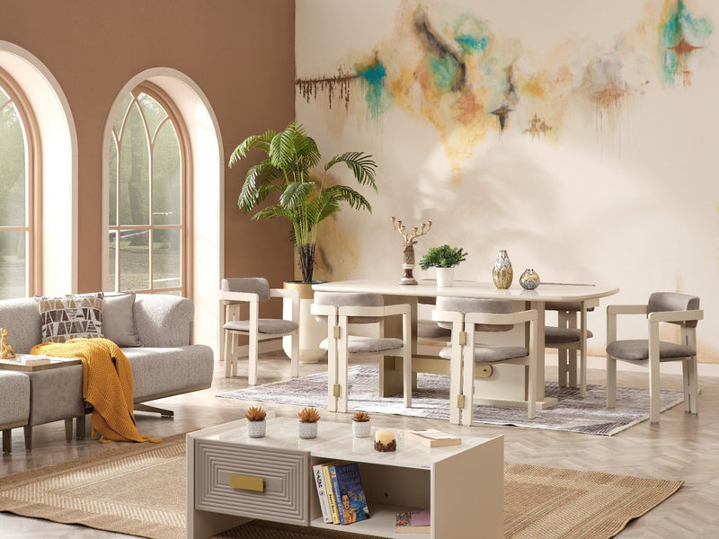 Urla Cream 7-Piece Dining Room Set with Table and Chairs Dining Room Urla